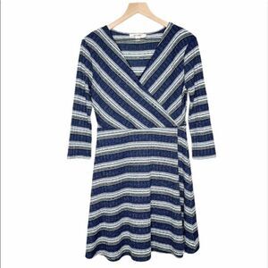 Miami Francesca's Stripe 3/4 Sleeve V-Neck Wrap A-Line Dress Large Blue